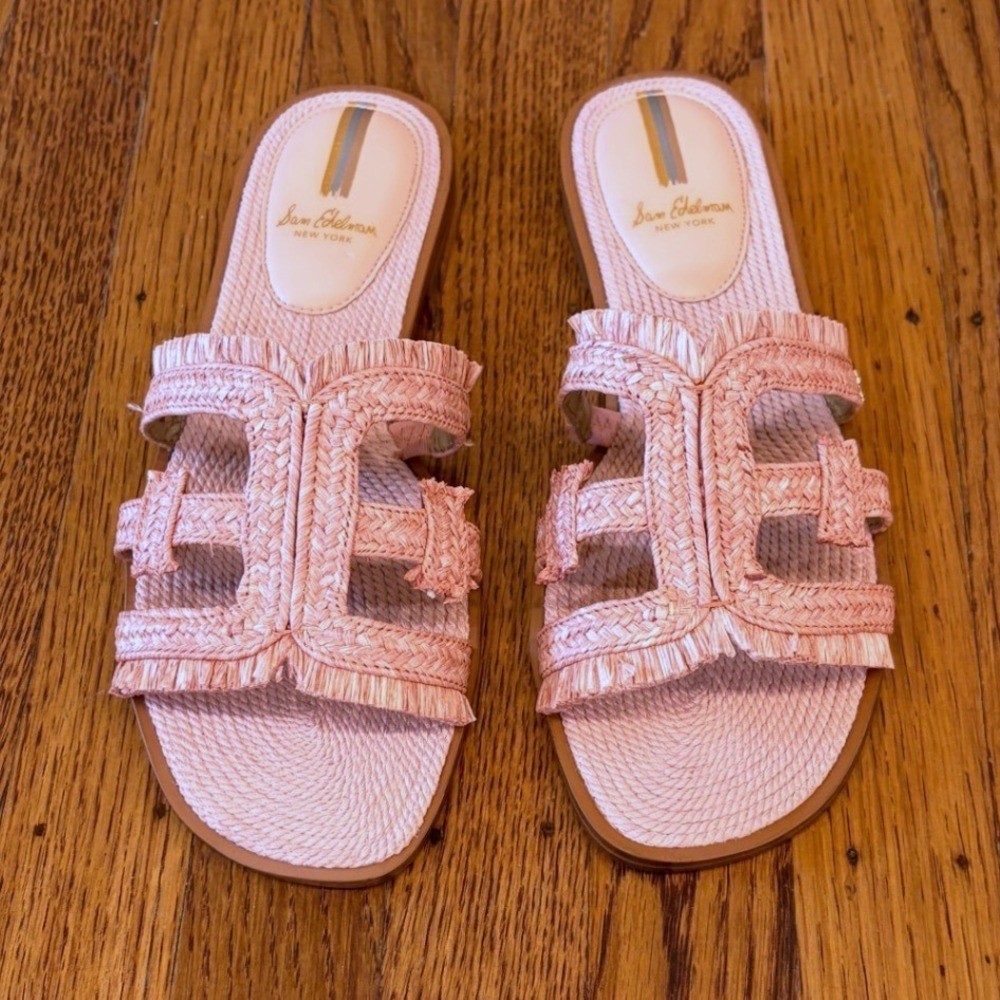 Sam Edelman Bay Fray Raffia Slide Sandals Blush Pink Fringe Size 9